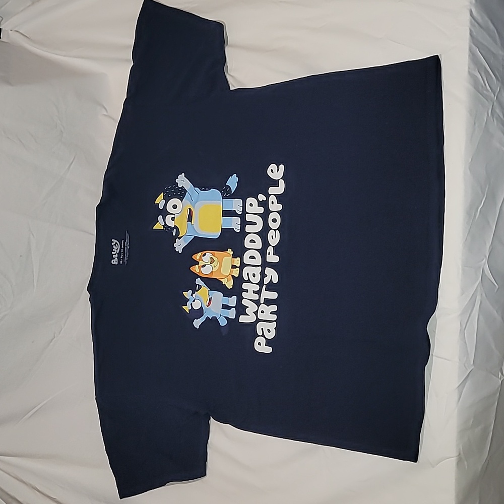 Bluey T-Shirt Navy Blue “Whad up Party People” Short Sleeve Size XL